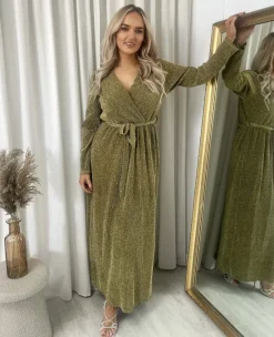 Gold Pamela Elegant V Neck Tie Waist Glittery Maxi Dress<IKRUSH Discount