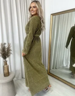 Gold Pamela Elegant V Neck Tie Waist Glittery Maxi Dress<IKRUSH Discount