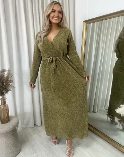 Gold Pamela Elegant V Neck Tie Waist Glittery Maxi Dress<IKRUSH Discount