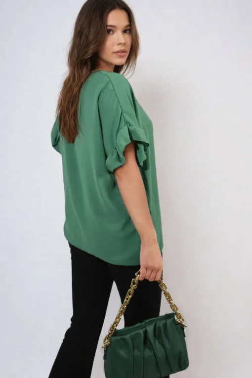 Green Alexandra Frill Sleeve Top<IKRUSH Fashion