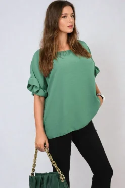 Green Alexandra Frill Sleeve Top<IKRUSH Fashion
