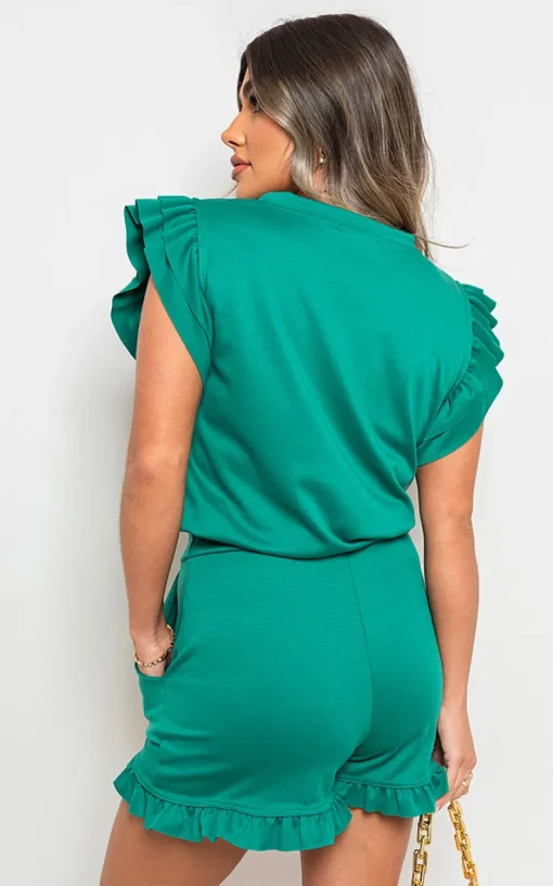 Green Avie Plain Frill Peplum Sleeve Top Shorts Co-ord Set<IKRUSH Online