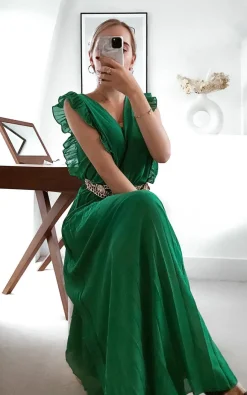Green Bryanna Pleated Maxi Dress<IKRUSH New