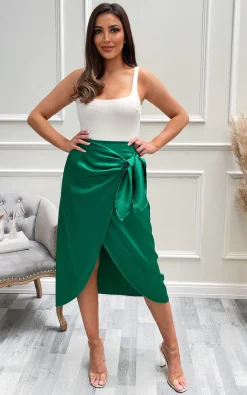 Green Brynn Satin Wrap Midi Skirt<IKRUSH Online