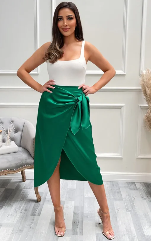 Green Brynn Satin Wrap Midi Skirt<IKRUSH Online