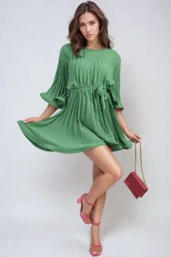 Green Carmen Pleated Tie Waist Mini Dress<IKRUSH Sale