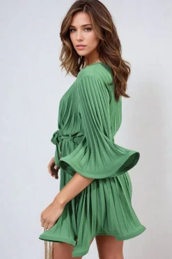 Green Carmen Pleated Tie Waist Mini Dress<IKRUSH Sale