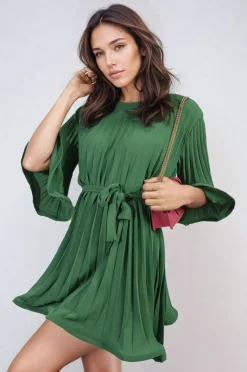 Green Carmen Pleated Tie Waist Mini Dress<IKRUSH Sale