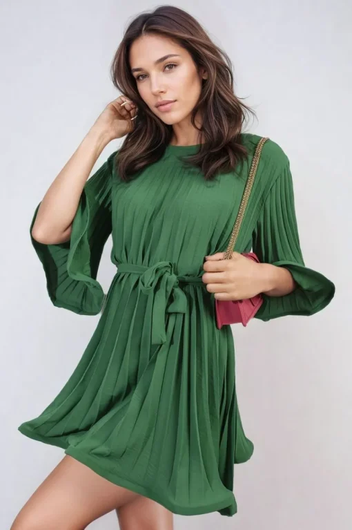 Green Carmen Pleated Tie Waist Mini Dress<IKRUSH Sale