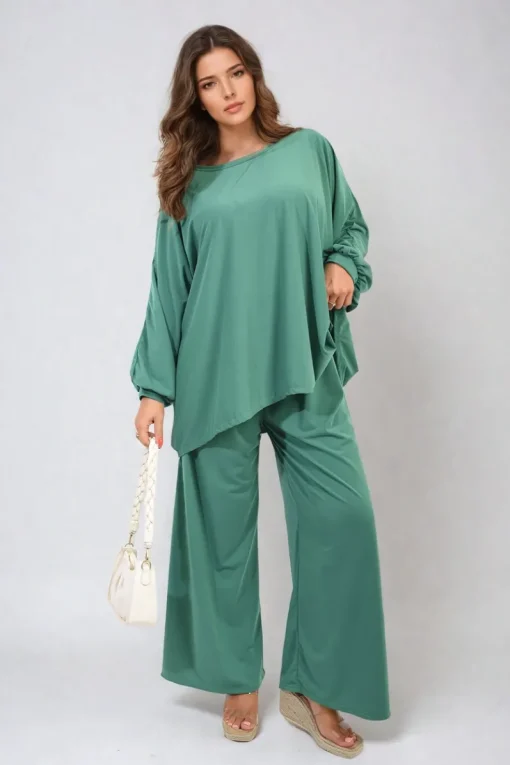 Green Daniela Oversized Long Sleeve Top and Wide Leg Co-ord Set<IKRUSH New