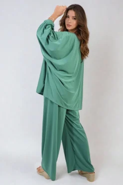 Green Daniela Oversized Long Sleeve Top and Wide Leg Co-ord Set<IKRUSH New