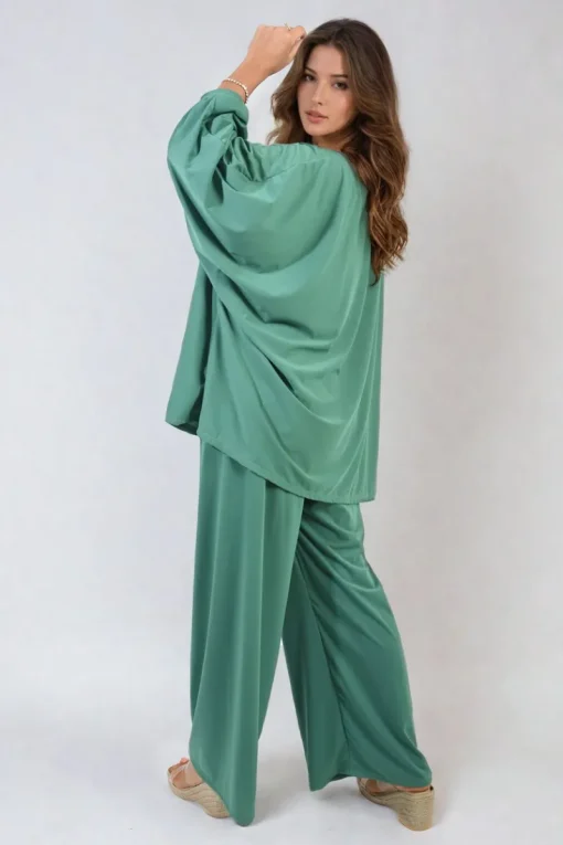 Green Daniela Oversized Long Sleeve Top and Wide Leg Co-ord Set<IKRUSH New