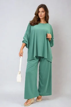 Green Daniela Oversized Long Sleeve Top and Wide Leg Co-ord Set<IKRUSH New