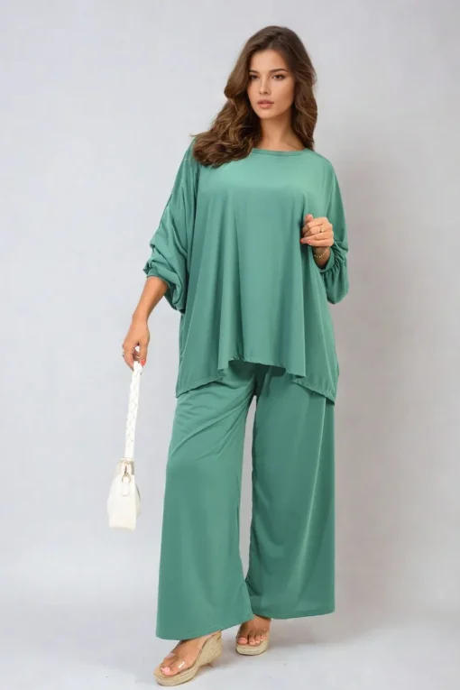 Green Daniela Oversized Long Sleeve Top and Wide Leg Co-ord Set<IKRUSH New