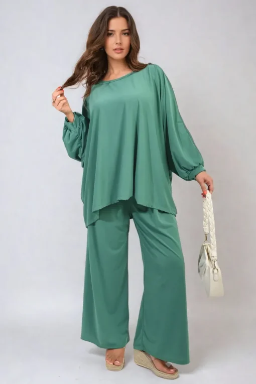 Green Daniela Oversized Long Sleeve Top and Wide Leg Co-ord Set<IKRUSH New