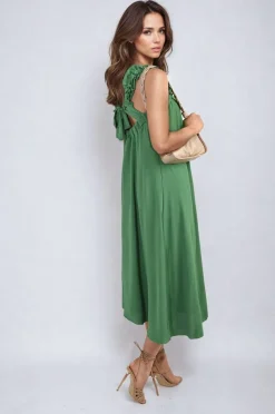 Green Edith Square Neckline Ruffle Straps Tie Detail Beach Midi Dress<IKRUSH Sale