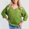 Green Eliza Half Sleeve Chunky Cable Knit Jumper<IKRUSH Fashion