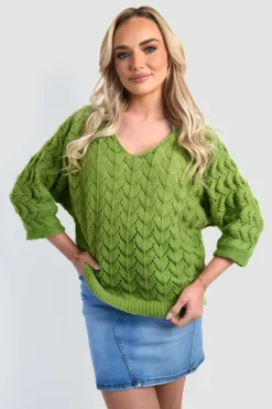 Green Eliza Half Sleeve Chunky Cable Knit Jumper<IKRUSH Fashion