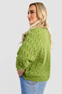 Green Eliza Half Sleeve Chunky Cable Knit Jumper<IKRUSH Fashion