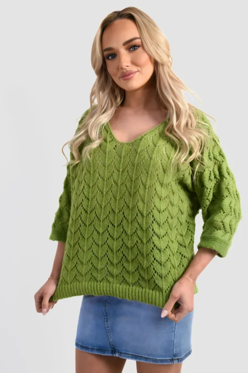 Green Eliza Half Sleeve Chunky Cable Knit Jumper<IKRUSH Fashion