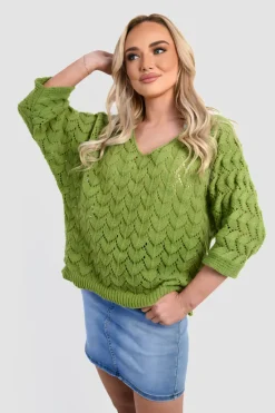 Green Eliza Half Sleeve Chunky Cable Knit Jumper<IKRUSH Fashion