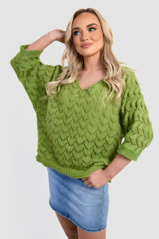 Green Eliza Half Sleeve Chunky Cable Knit Jumper<IKRUSH Fashion