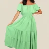 Green Emmy Smocked Waist Tiered Midi Dress<IKRUSH Sale