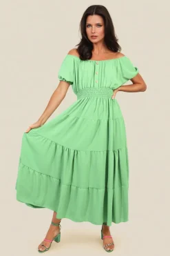 Green Emmy Smocked Waist Tiered Midi Dress<IKRUSH Sale