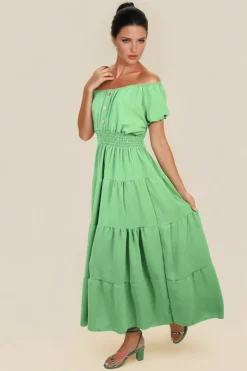 Green Emmy Smocked Waist Tiered Midi Dress<IKRUSH Sale