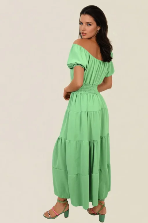 Green Emmy Smocked Waist Tiered Midi Dress<IKRUSH Sale