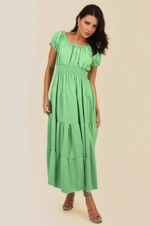 Green Emmy Smocked Waist Tiered Midi Dress<IKRUSH Sale