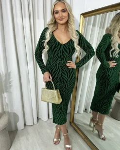 Green Evelyn Printed V-Neck Long Sleeve Glitter Midi Dress<IKRUSH Clearance