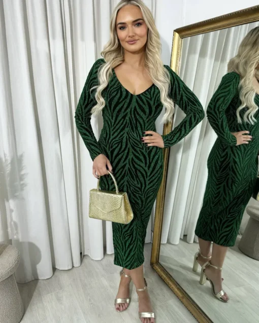 Green Evelyn Printed V-Neck Long Sleeve Glitter Midi Dress<IKRUSH Clearance