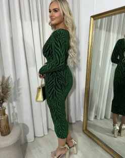 Green Evelyn Printed V-Neck Long Sleeve Glitter Midi Dress<IKRUSH Clearance