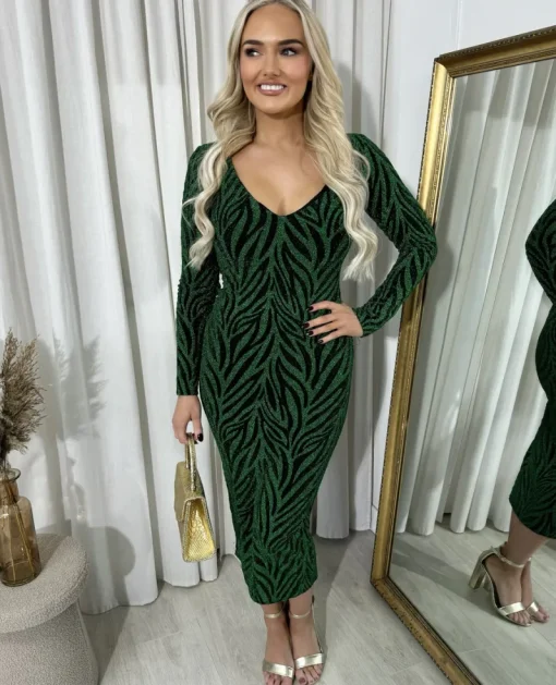 Green Evelyn Printed V-Neck Long Sleeve Glitter Midi Dress<IKRUSH Clearance