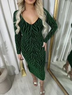 Green Evelyn Printed V-Neck Long Sleeve Glitter Midi Dress<IKRUSH Clearance