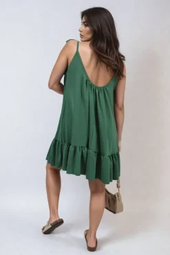 Green Faye Backless Tie-up Spaghetti Strap Frill Hem Mini Dress<IKRUSH Best