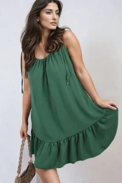 Green Faye Backless Tie-up Spaghetti Strap Frill Hem Mini Dress<IKRUSH Best