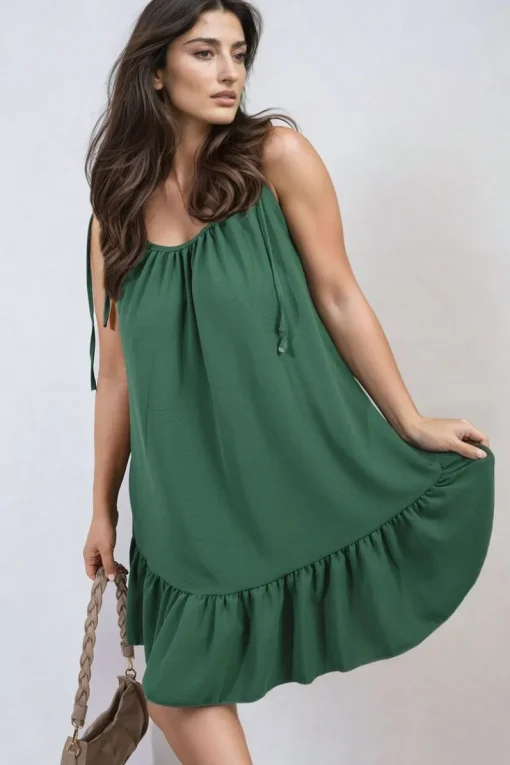Green Faye Backless Tie-up Spaghetti Strap Frill Hem Mini Dress<IKRUSH Best