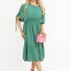 Green Fianna Round Neck Short Sleeve Midi Dress with Tie Sleeve Detail<IKRUSH Online