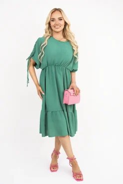 Green Fianna Round Neck Short Sleeve Midi Dress with Tie Sleeve Detail<IKRUSH Online
