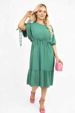 Green Fianna Round Neck Short Sleeve Midi Dress with Tie Sleeve Detail<IKRUSH Online