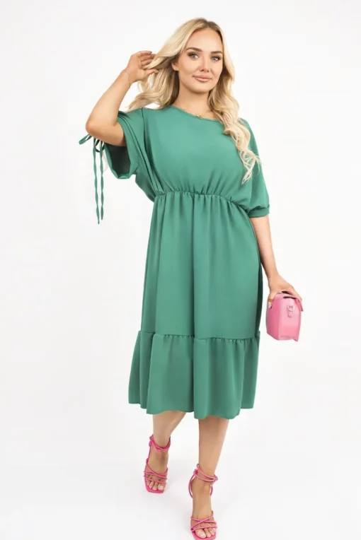 Green Fianna Round Neck Short Sleeve Midi Dress with Tie Sleeve Detail<IKRUSH Online