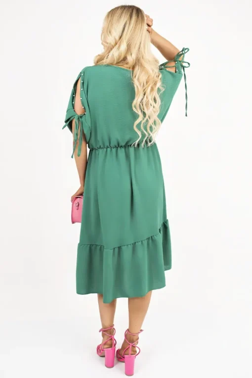 Green Fianna Round Neck Short Sleeve Midi Dress with Tie Sleeve Detail<IKRUSH Online