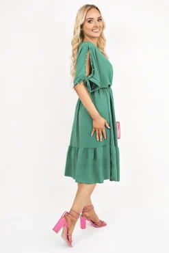 Green Fianna Round Neck Short Sleeve Midi Dress with Tie Sleeve Detail<IKRUSH Online