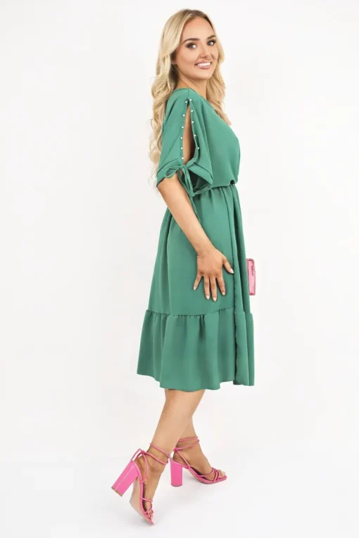 Green Fianna Round Neck Short Sleeve Midi Dress with Tie Sleeve Detail<IKRUSH Online