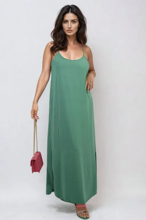 Green Fiona Spaghetti Strap Side Slit Maxi Dress<IKRUSH Online
