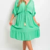 Green guc Maja V-Neck Short Sleeve Midi Dress with Tassel Detail<IKRUSH Sale