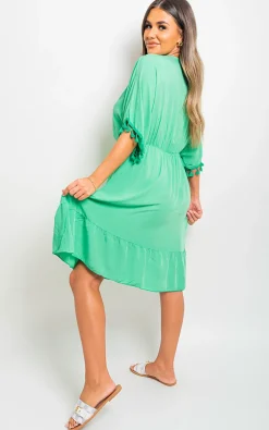 Green guc Maja V-Neck Short Sleeve Midi Dress with Tassel Detail<IKRUSH Sale