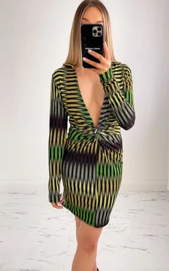 Green Jade Twist Front Patterned Mini Dress<IKRUSH Sale